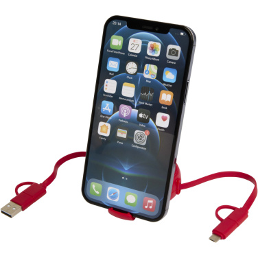Logotrade Werbeartikel das Foto: Alasia 100 cm 5-in-1 Kabel aus recyceltem Kunststoff und Aluminium, einziehbar, für Datenübertragung und mit 45W Schnellladung