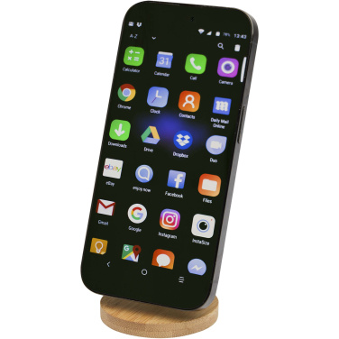 Logotrade Werbeartikel das Foto: Alcor Klappbare magnetische Smartphonehalterung aus recyceltem Kunststoff mit Bambusdetails