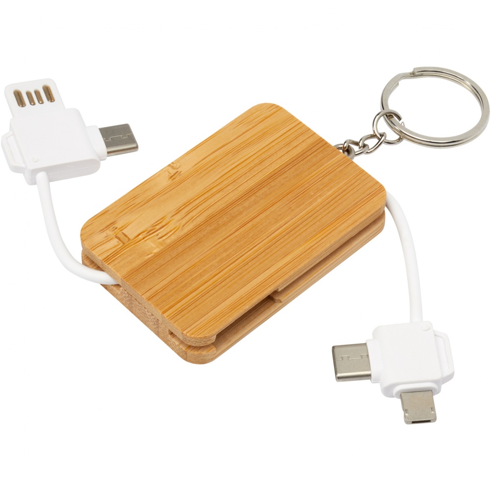 Logo trade corporate gifts image of: Reel 6-in-1 retractable bamboo key ring charging cable