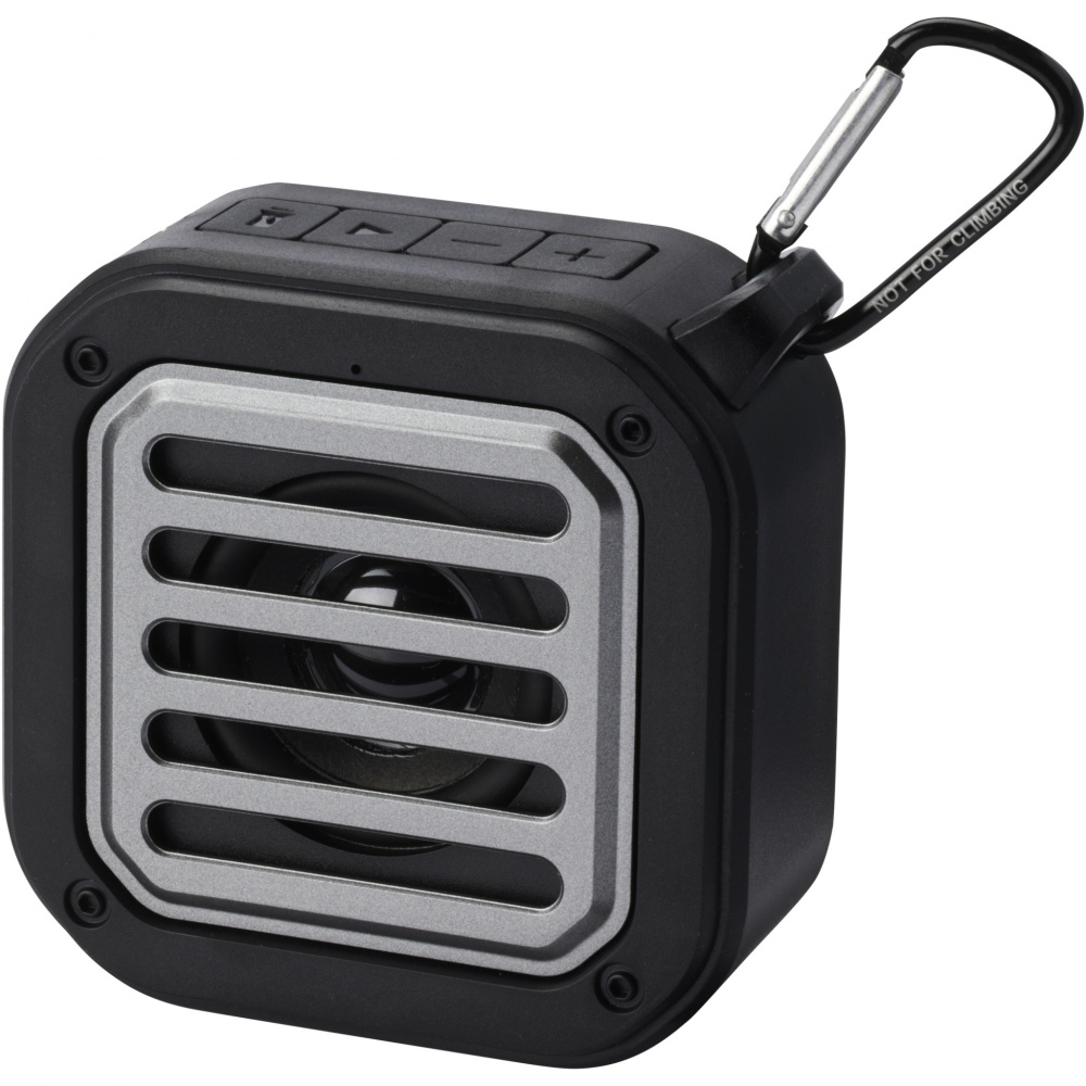 Logotrade promotional item picture of: Solo 3W IPX5 RCS recycled plastic solar Bluetooth® speaker with carabiner 