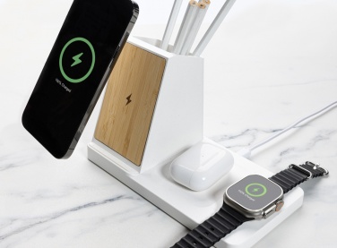 Logotrade advertising product picture of: Ontario recycled plastic & bamboo 3-in-1 wireless charger