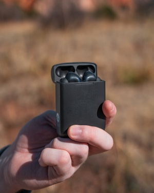 Logo trade promotional gift photo of: Skywave RCS recycled plastic solar earbuds