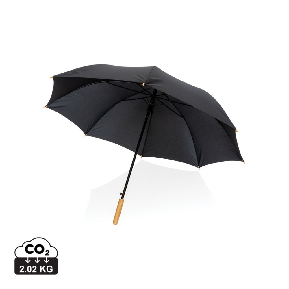 Logo trade business gifts image of: 27" Impact AWARE™ RPET 190T auto open bamboo umbrella