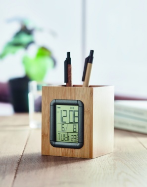 Logo trade business gift photo of: Bamboo pen holder and LCD clock