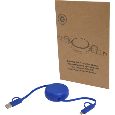 Logo trade promotional gifts image of: Alasia 5-in-1 100 cm recycled plastic and aluminium retractable data sync and 45W fast charge cable