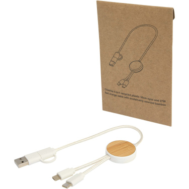 Logo trade promotional item photo of: Chechia 5-in-1 recycled plastic 30 cm data sync and 27W fast charge cable with bamboo details