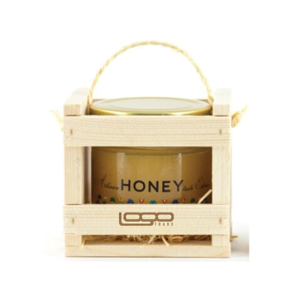 Logo trade business gift photo of: ##Flower honey in a wooden box, 300 ml with custom design