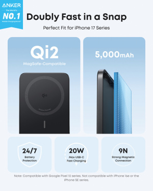 Logotrade promotional giveaway picture of: Anker Nano Wireless Power Bank 5K 15W MagGo slim Qi 2.0