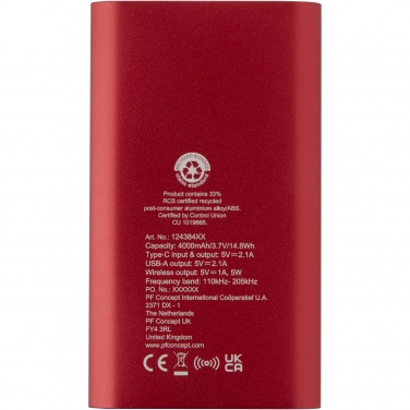 Logotrade reklaminės dovanos nuotrauka: Juice 4000 mAh C tipo perdirbto aliuminio belaidis maitinimo blokas 