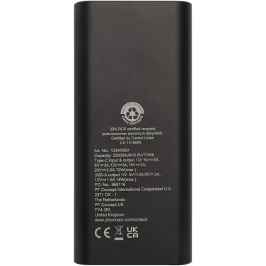 Logotrade dovana nuotrauka: „Acamar“ 20 000 mAh 70 W perdirbto aliuminio nešiojamojo kompiuterio išorinė baterija