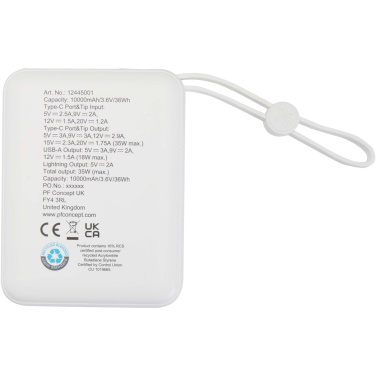 Logotrade dovana nuotrauka: „Acrux“ 10 000 mAh 35 W planšetinio kompiuterio išorinė baterija su integruotu C tipo laidu – pagaminta iš perdirbto plastiko