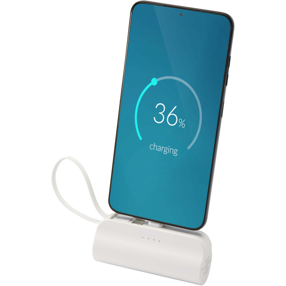 Logotrade dovana nuotrauka: „Alnair“ 5000 mAh 10 W perdirbto plastiko C tipo išorinė baterija su integruotu atlenkiamu stovu ir 2 viename laidu
