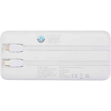 Logotrade Ideja dāvanas foto: Adhil 10.000 mAh 10W pārstrādātas plastmasas pārnēsājamais akumulators ar 2 iebūvētiem kabeļiem