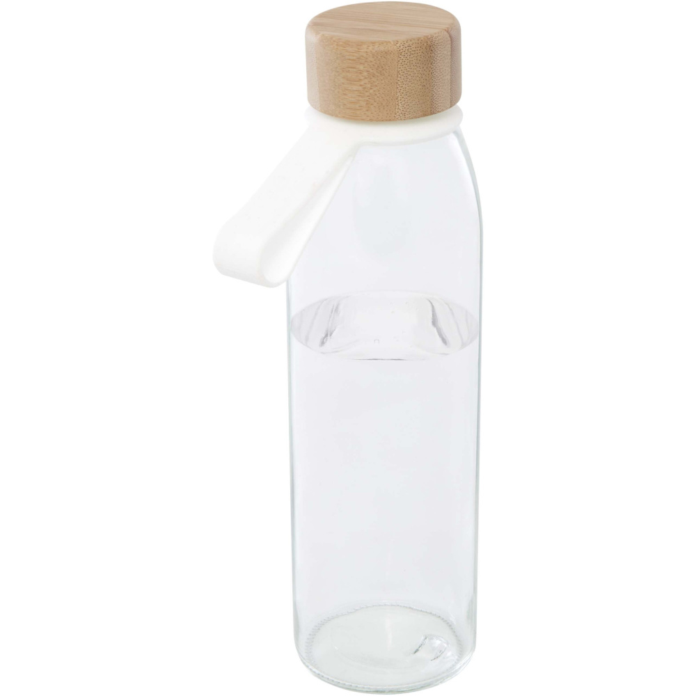 Logotrade kampanjprodukter bild: Porto 500 ml vattenflaska av glas med silikonhandtag och bambulock