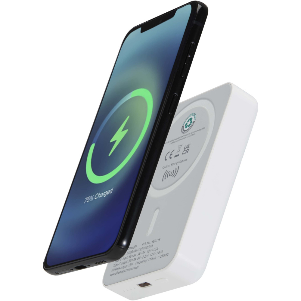 Logotrade profilreklam bild: Acrab 10 000 mAh 15 W magnetisk trådlös powerbank med 20 W PD – tillverkad av återvunnen plast