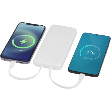 Logotrade profilreklam bild: Adhil 10 000 mAh 10 W powerbank av återvunnen plast med två inbyggda kablar